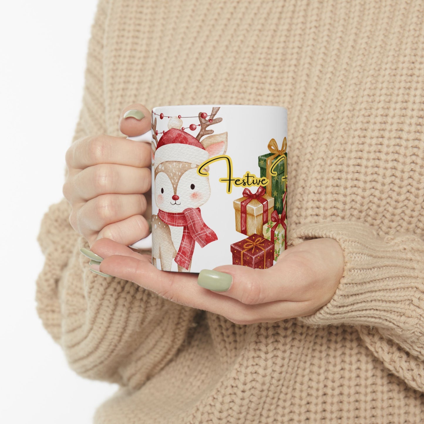 Cute Reindeer Christmas Mug – Festive Holiday Coffee Cup with Gifts & Cozy Winter Design