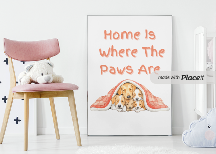 Home Is Where The Paws Are – Cute Puppy Nursery Wall Art | Cozy Dog-Themed Kids Room Decor