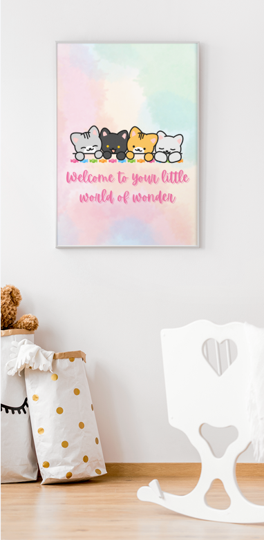 Nursery Canvas Wall Art — "Welcome to Your Little World of Wonder" Cute Kittens