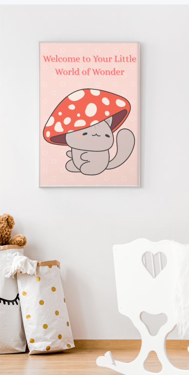 Welcome to Your Little World of Wonder Canvas Wall Art — Cute Mushroom Cat Nursery Decor