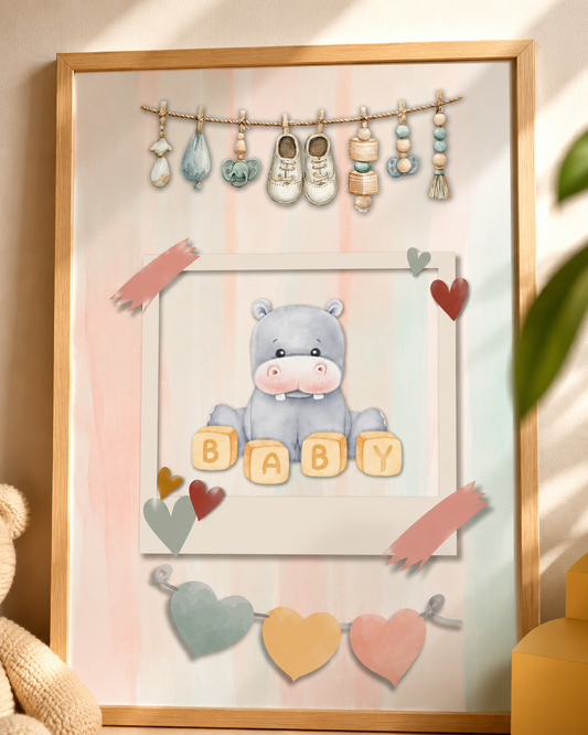 Cute Baby Hippo Nursery Wall Art | Neutral Safari Animal Printable | Boho Baby Room Decor | Gender Neutral Nursery Print | Instant Digital Download