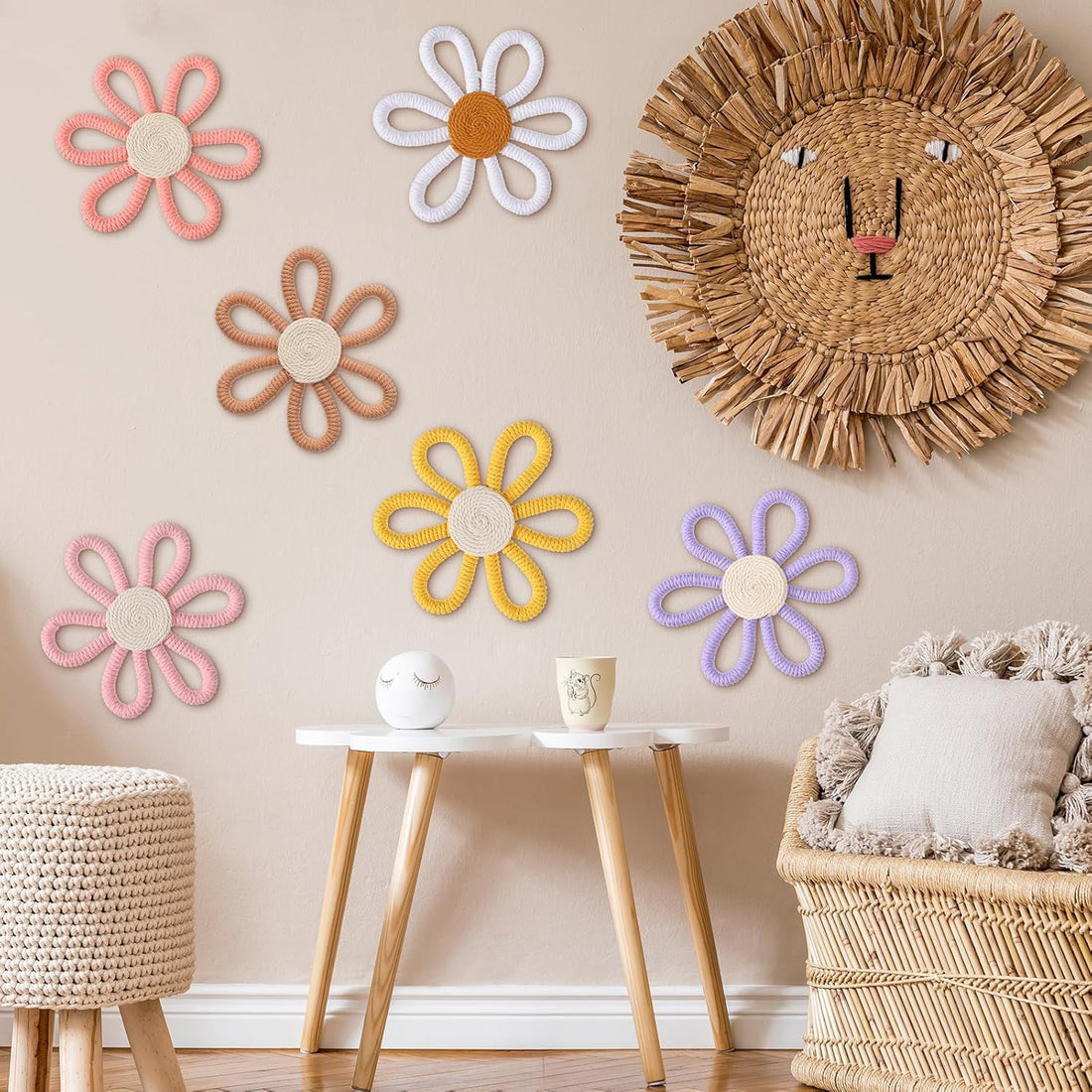 colourful nursery wall decor UK with floral wall decals and woven lion wall art for cosy baby room
