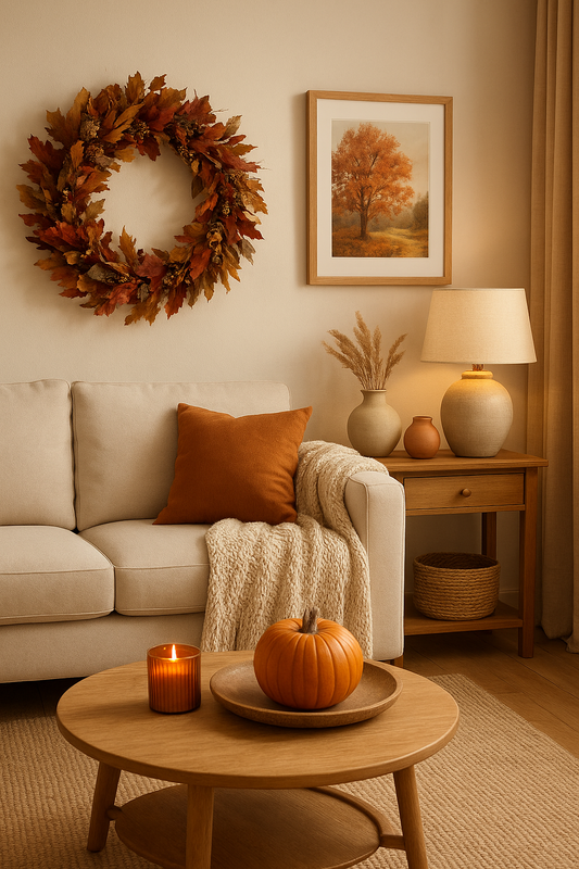 A cozy autumn-inspired living room with a beige sofa, orange cushion, knitted throw, pumpkin decor, candle, and autumn wreath on the wall — perfect autumn home decor idea by Amber Haven.