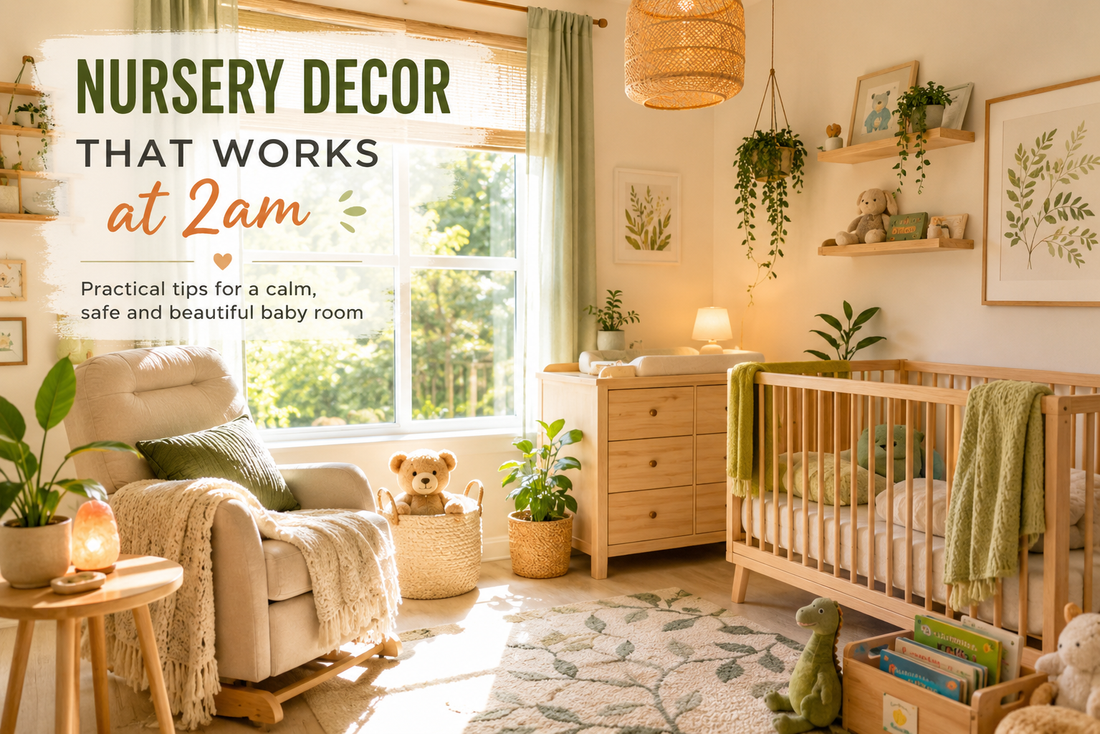 Bright nursery decor ideas with botanical wall art, wooden cot and cosy modern baby room