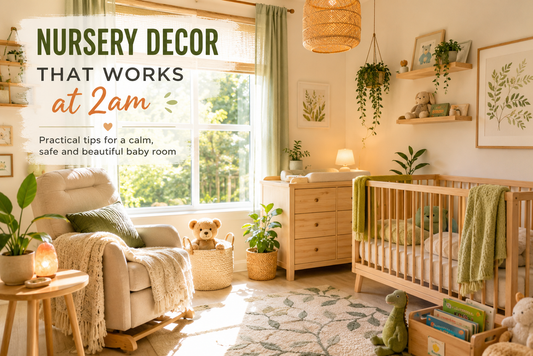 Bright nursery decor ideas with botanical wall art, wooden cot and cosy modern baby room