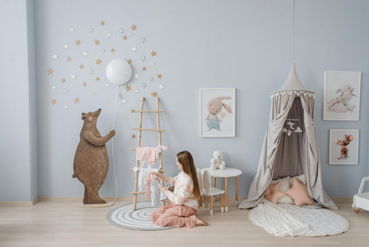 neutral nursery wall decor with pastel wall art, baby room wall art UK, minimalist nursery design with soft animal illustrations