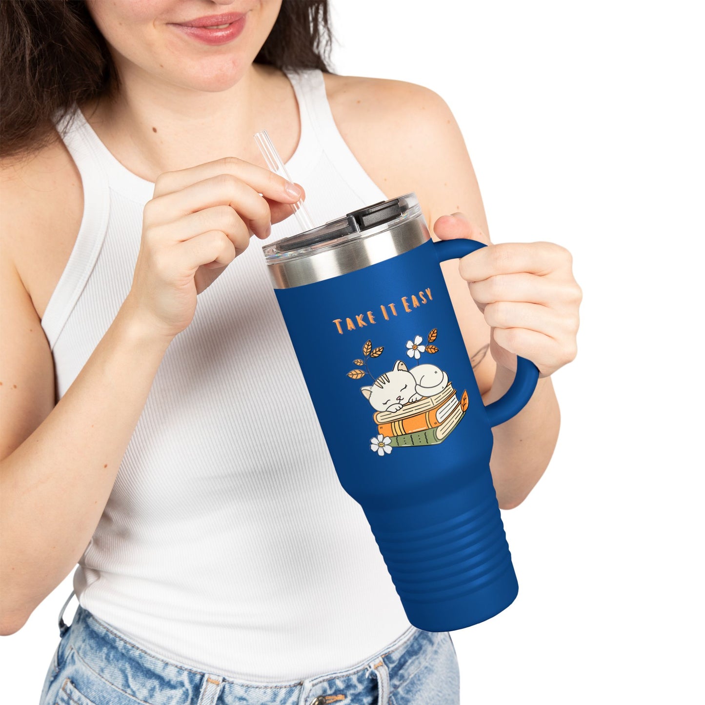 Take It Easy – Cozy Cat & Books Stainless Steel Tumbler (6 Colours)