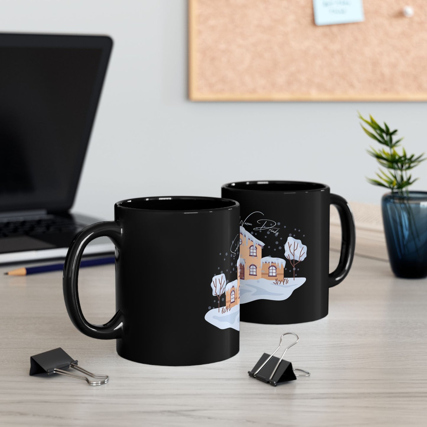 Snowflakes & Warm Drinks Mug – Cozy Winter Night Scene Black Coffee Cup, Snow House Ceramic Mug, Seasonal Hot Drinkware