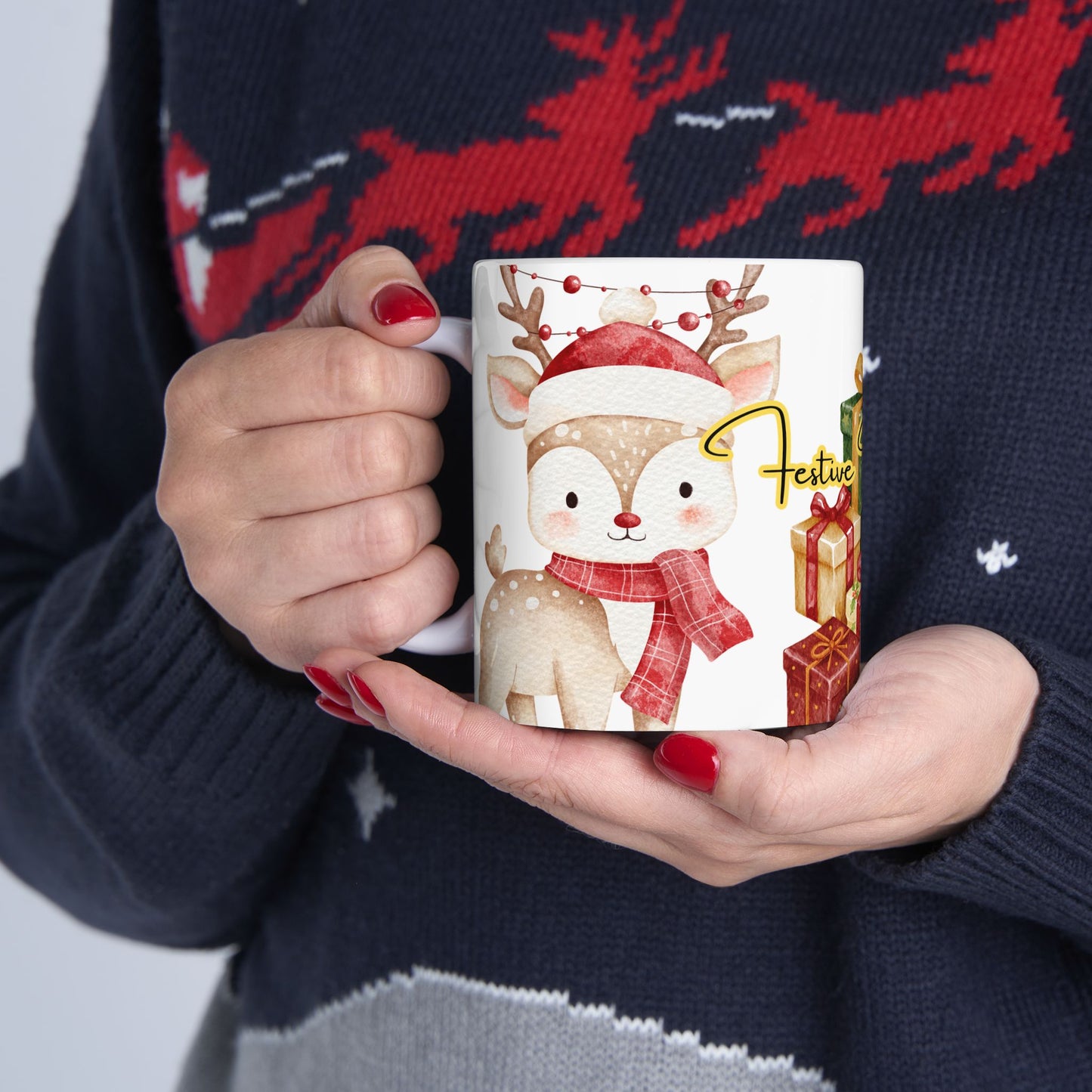Cute Reindeer Christmas Mug – Festive Holiday Coffee Cup with Gifts & Cozy Winter Design