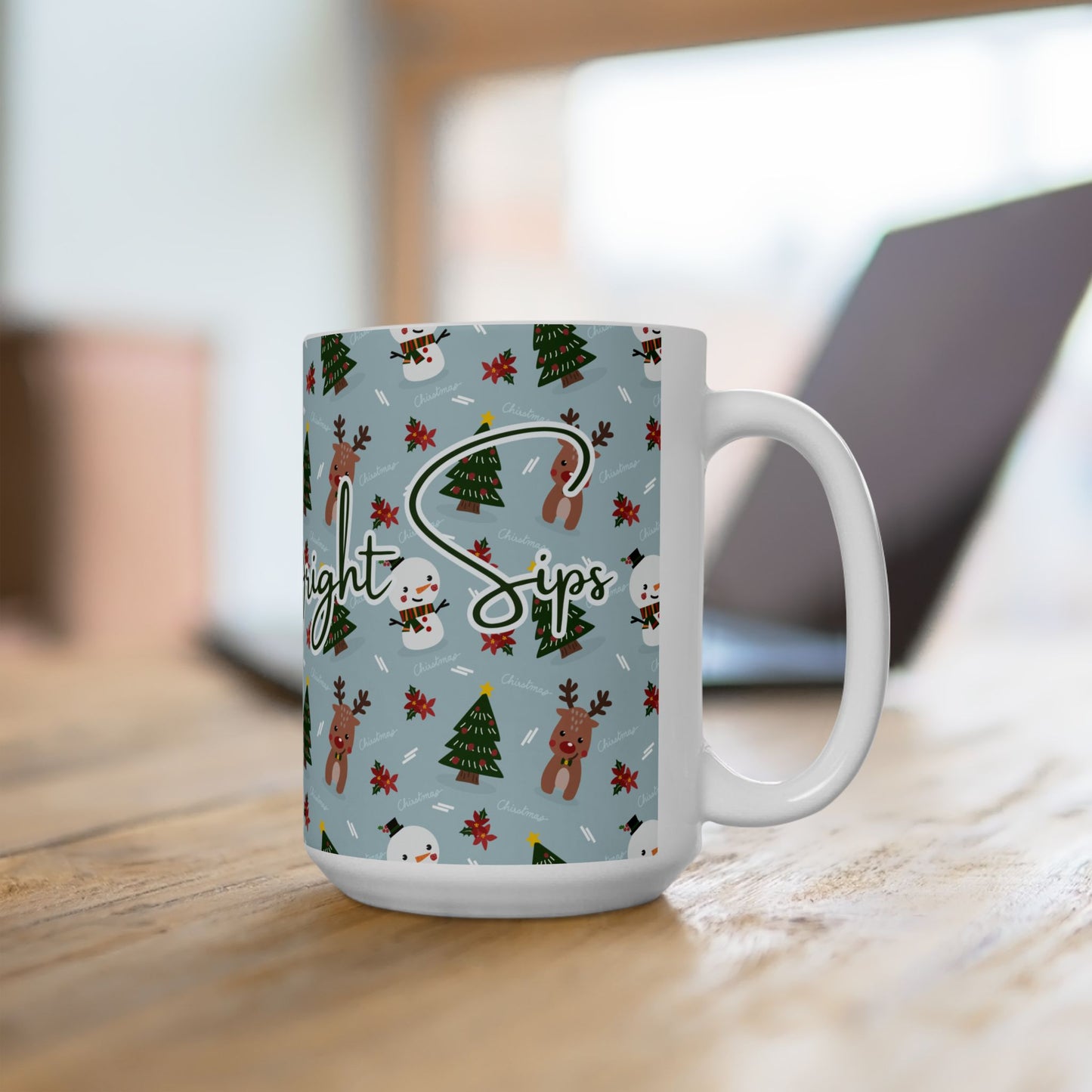 Merry & Bright Sips Christmas Mug – Festive Reindeer & Snowman Holiday Coffee Cup