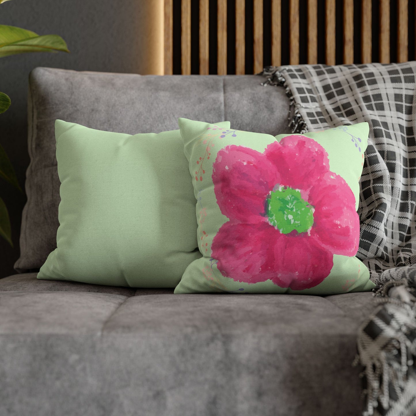 Pink Watercolour Flower Cushion | Pastel Green Floral Throw Pillow | Modern Living Room & Bedroom Decor