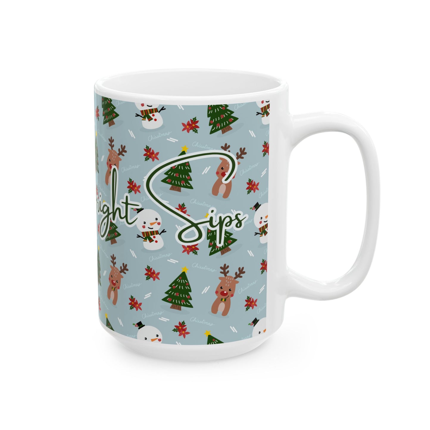 Merry & Bright Sips Christmas Mug – Festive Reindeer & Snowman Holiday Coffee Cup