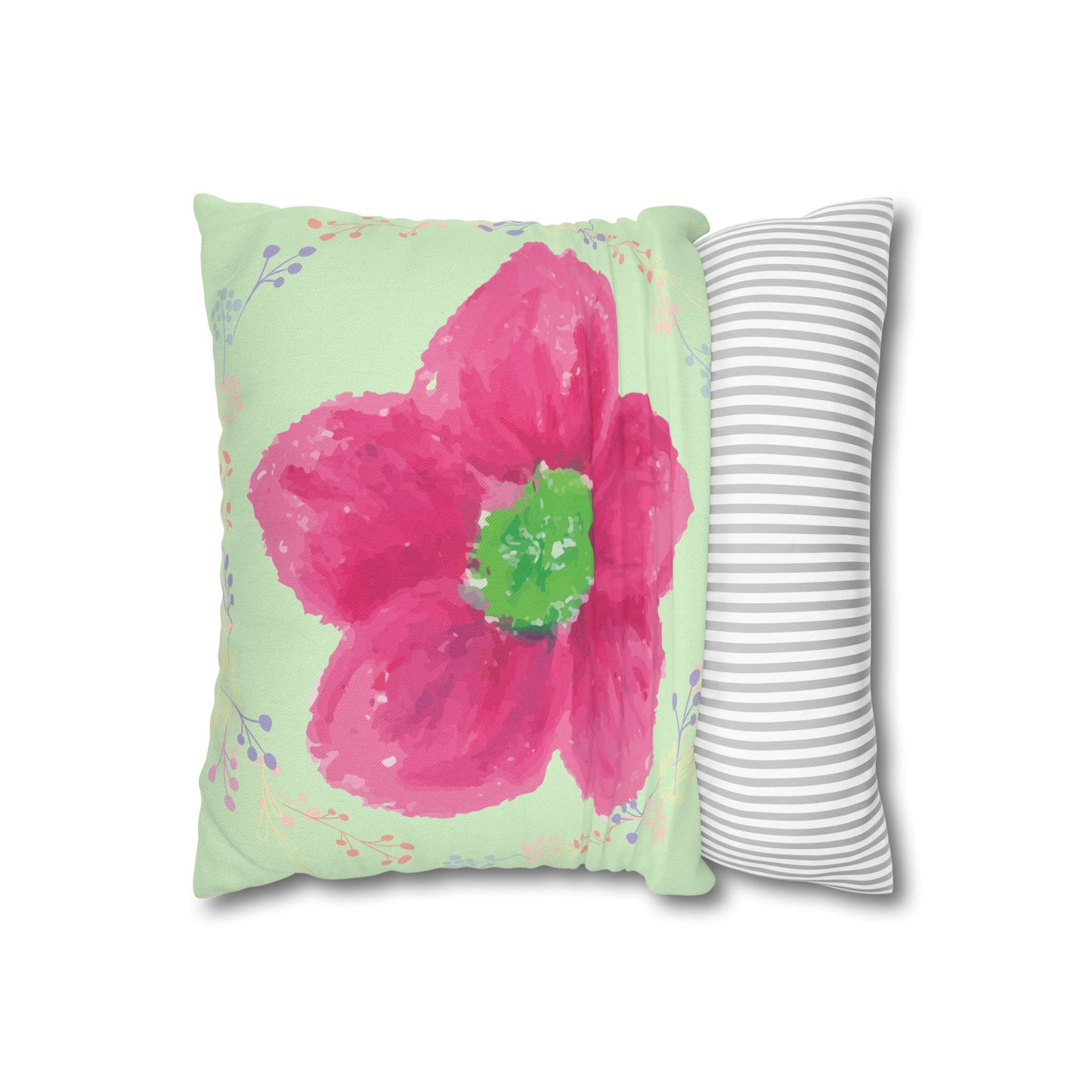 Pink Watercolour Flower Cushion | Pastel Green Floral Throw Pillow | Modern Living Room & Bedroom Decor