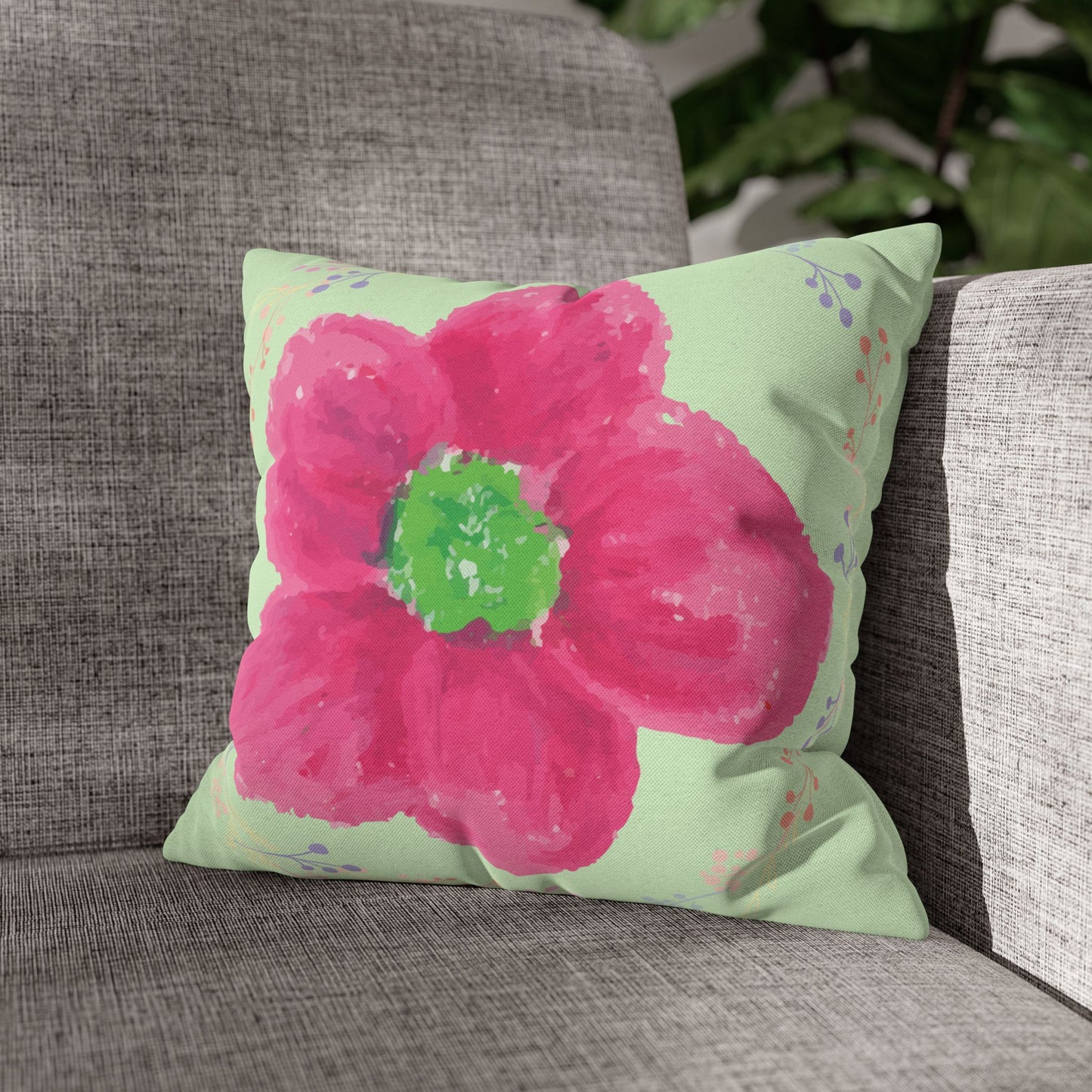 Pink Watercolour Flower Cushion | Pastel Green Floral Throw Pillow | Modern Living Room & Bedroom Decor