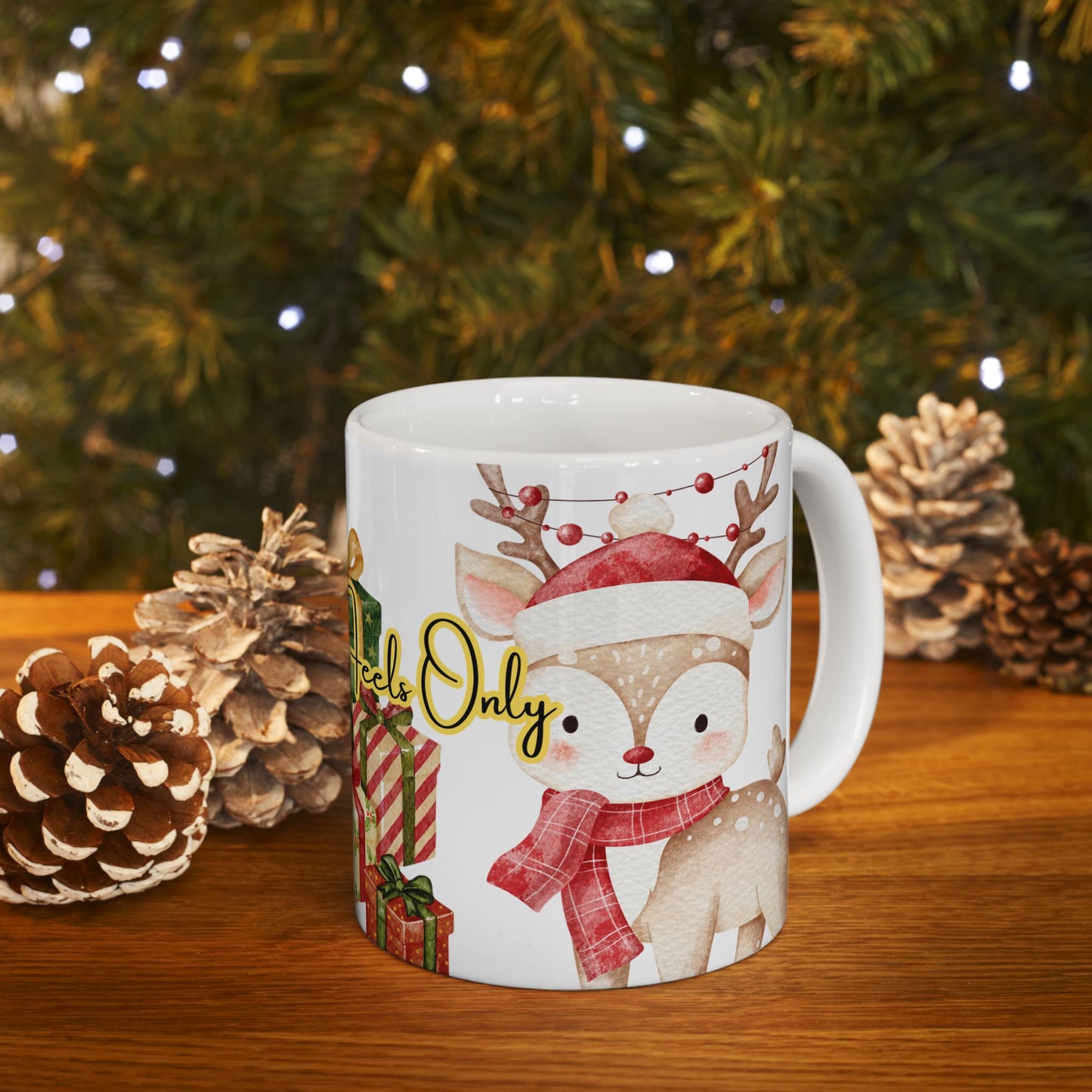 Cute Reindeer Christmas Mug – Festive Holiday Coffee Cup with Gifts & Cozy Winter Design