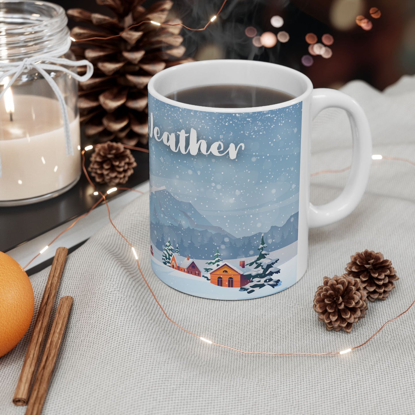 Hot Cocoa Weather Mug – Cozy Winter Cabin Coffee Cup, Snowy Landscape Ceramic Mug, Warm Seasonal Drinkware