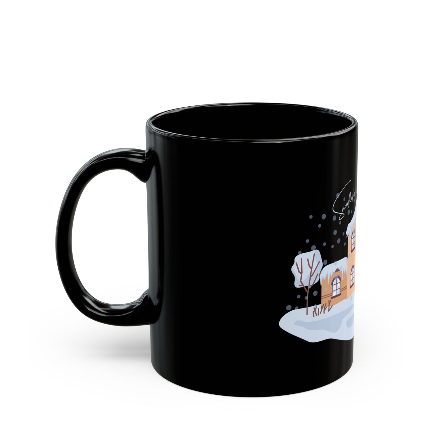 Snowflakes & Warm Drinks Mug – Cozy Winter Night Scene Black Coffee Cup, Snow House Ceramic Mug, Seasonal Hot Drinkware