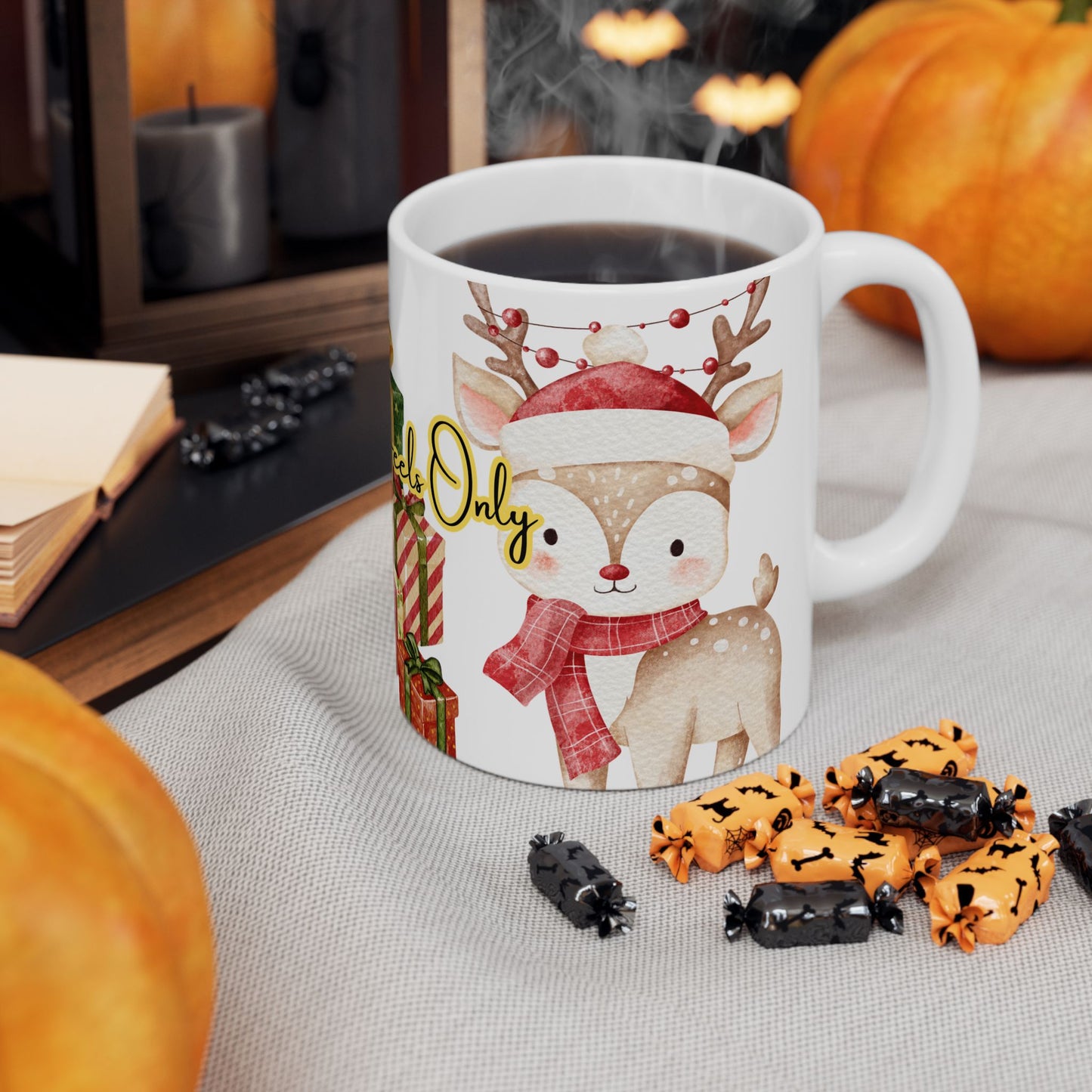 Cute Reindeer Christmas Mug – Festive Holiday Coffee Cup with Gifts & Cozy Winter Design