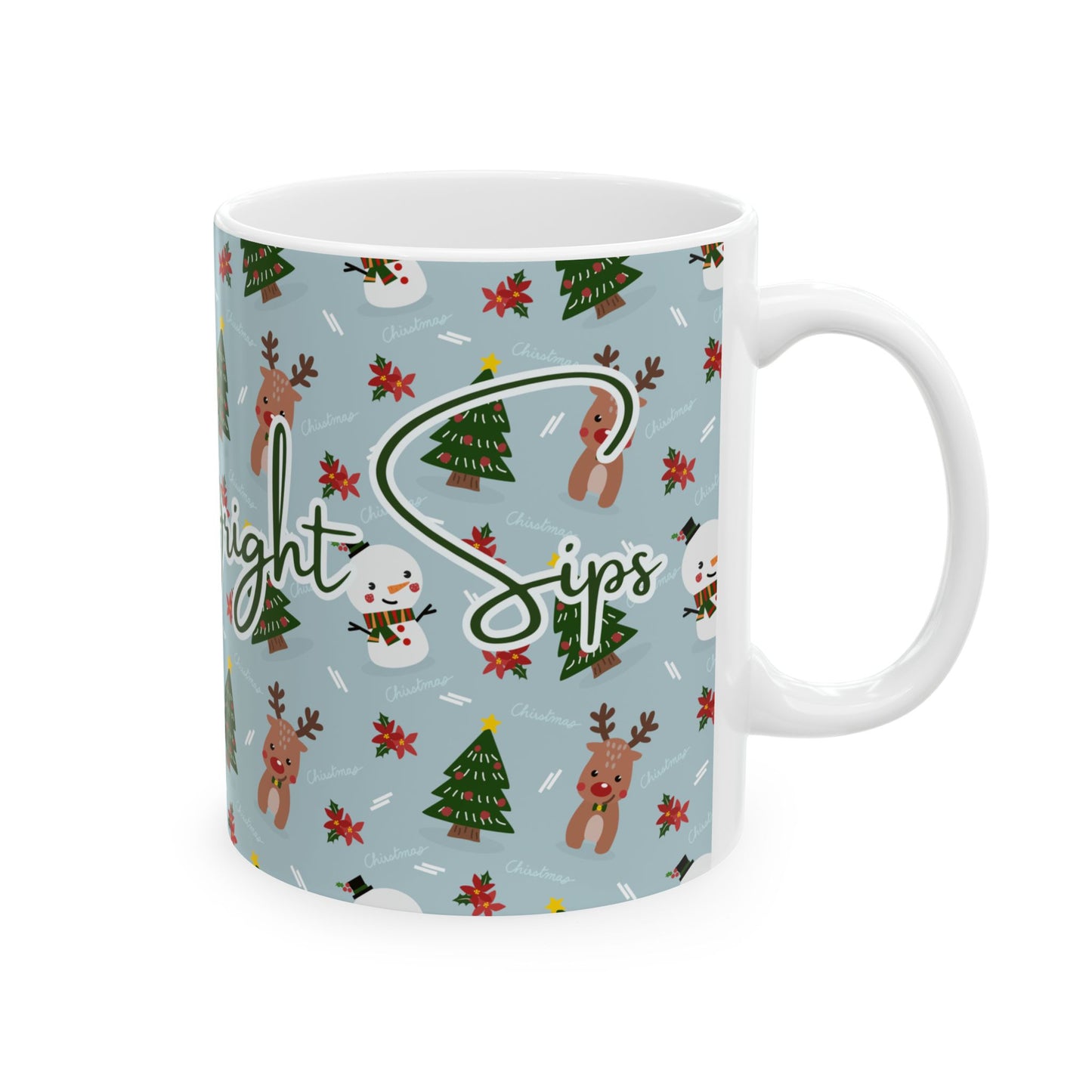 Merry & Bright Sips Christmas Mug – Festive Reindeer & Snowman Holiday Coffee Cup