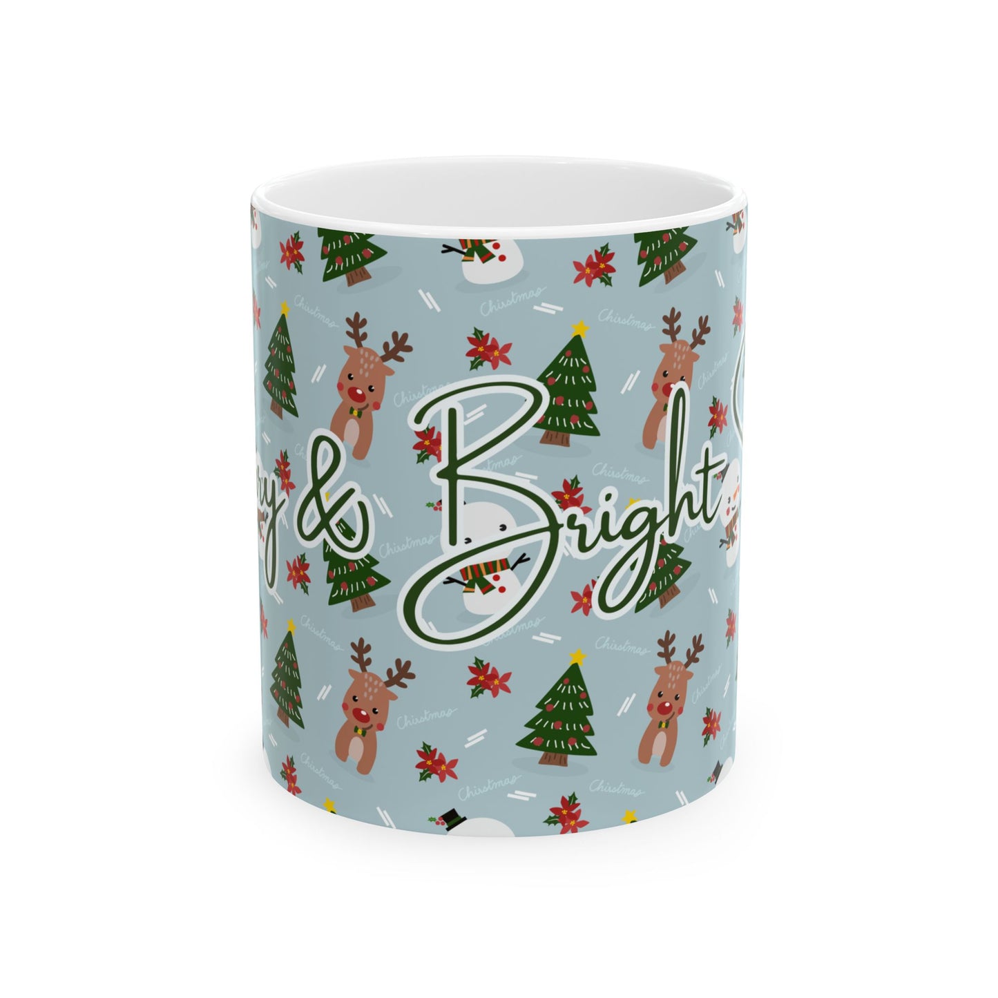 Merry & Bright Sips Christmas Mug – Festive Reindeer & Snowman Holiday Coffee Cup