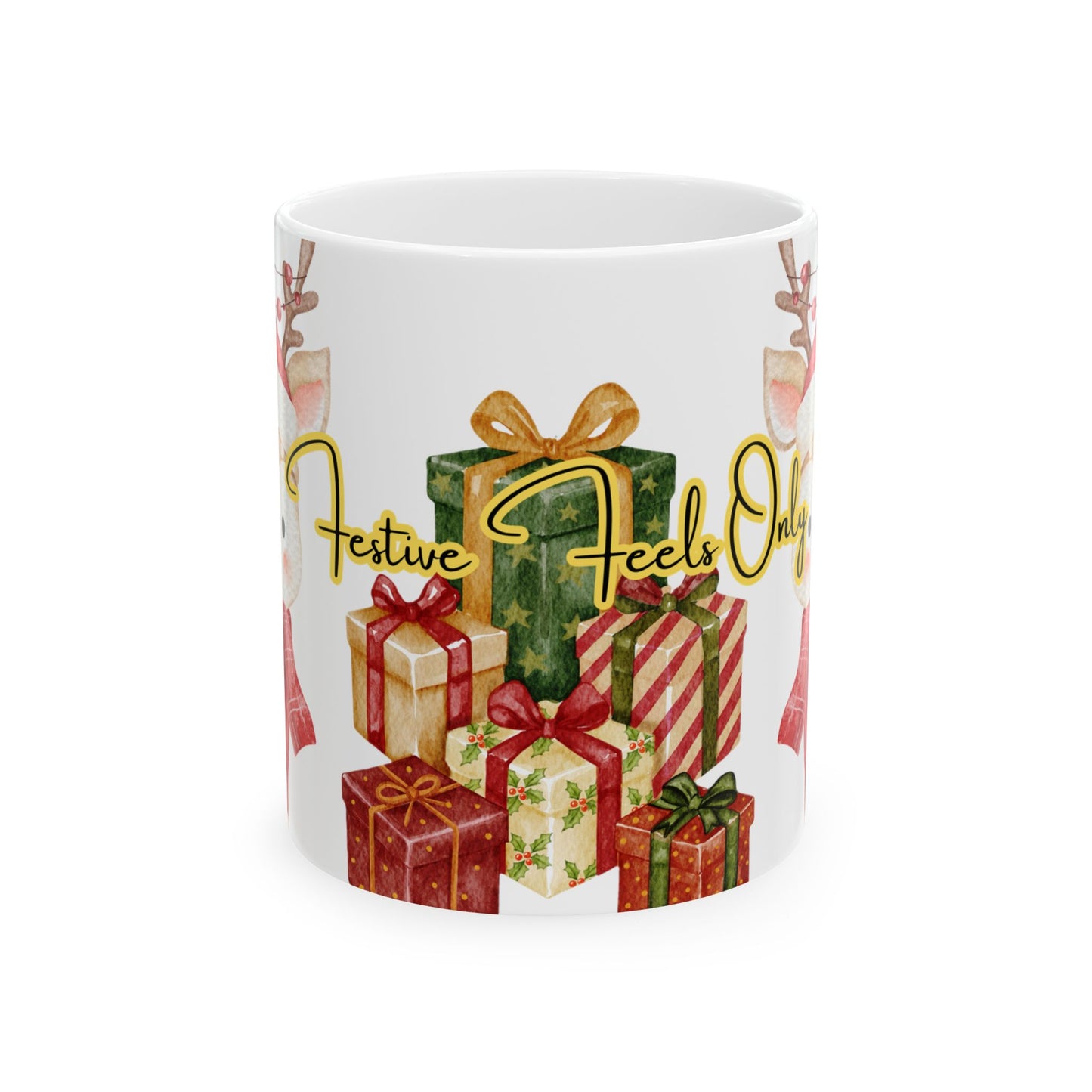 Cute Reindeer Christmas Mug – Festive Holiday Coffee Cup with Gifts & Cozy Winter Design
