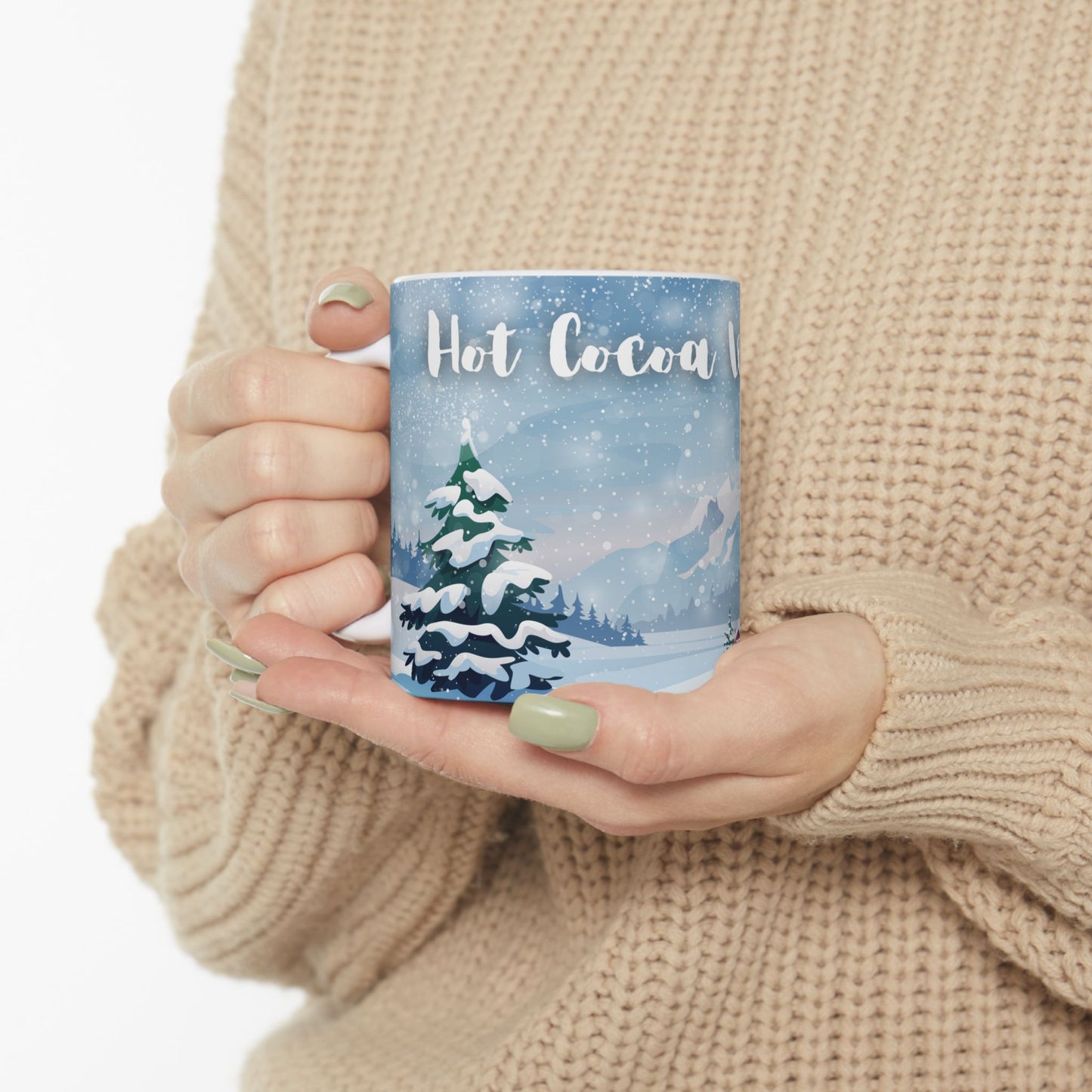 Hot Cocoa Weather Mug – Cozy Winter Cabin Coffee Cup, Snowy Landscape Ceramic Mug, Warm Seasonal Drinkware