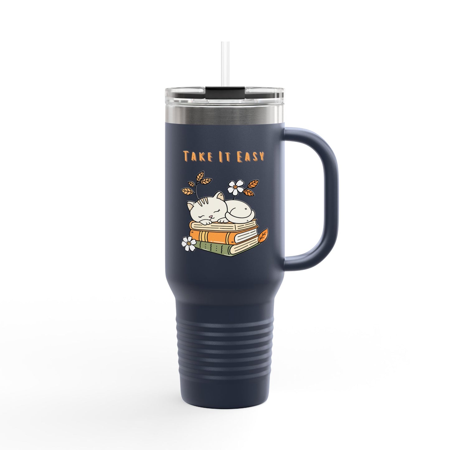 Take It Easy – Cozy Cat & Books Stainless Steel Tumbler (6 Colours)
