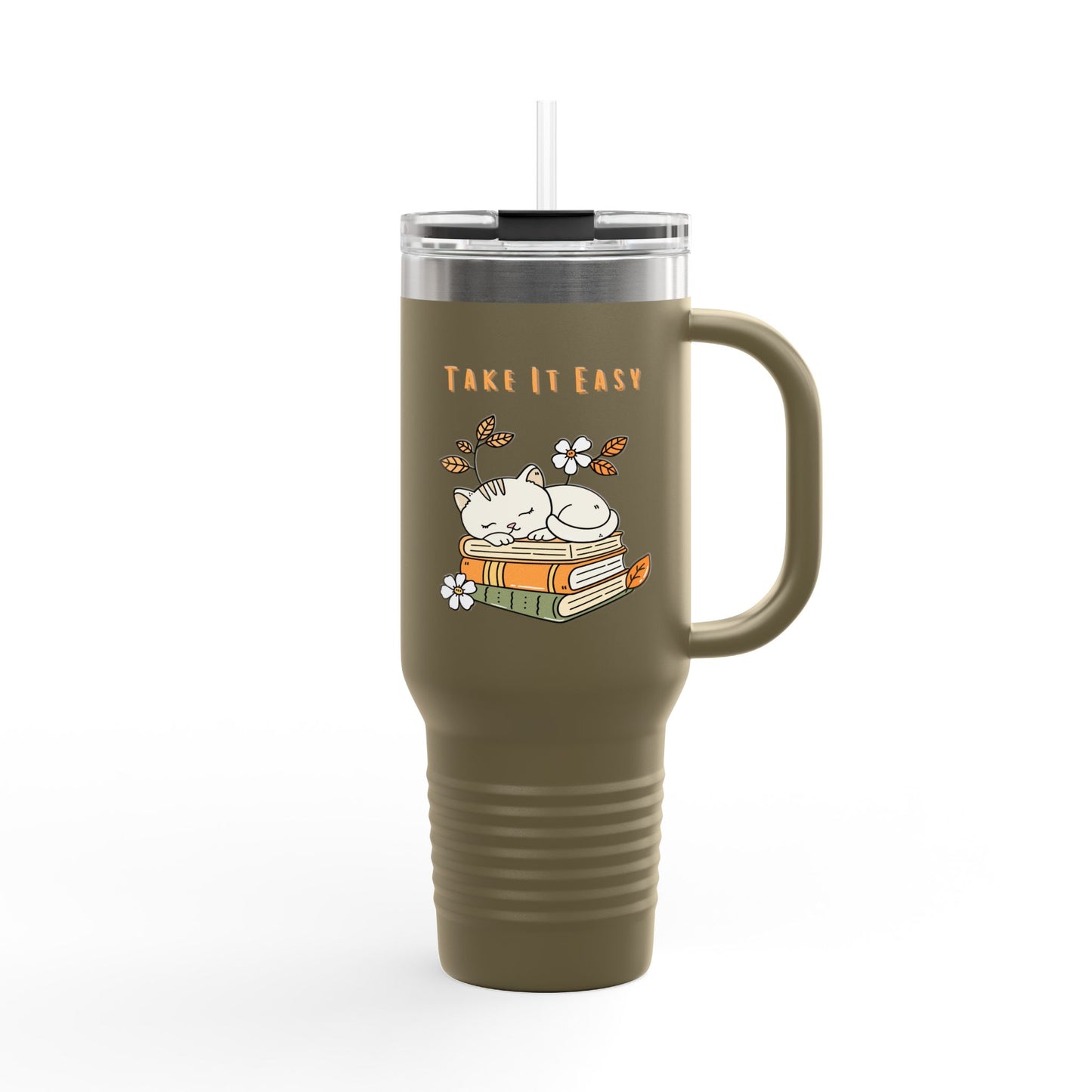 Take It Easy – Cozy Cat & Books Stainless Steel Tumbler (6 Colours)