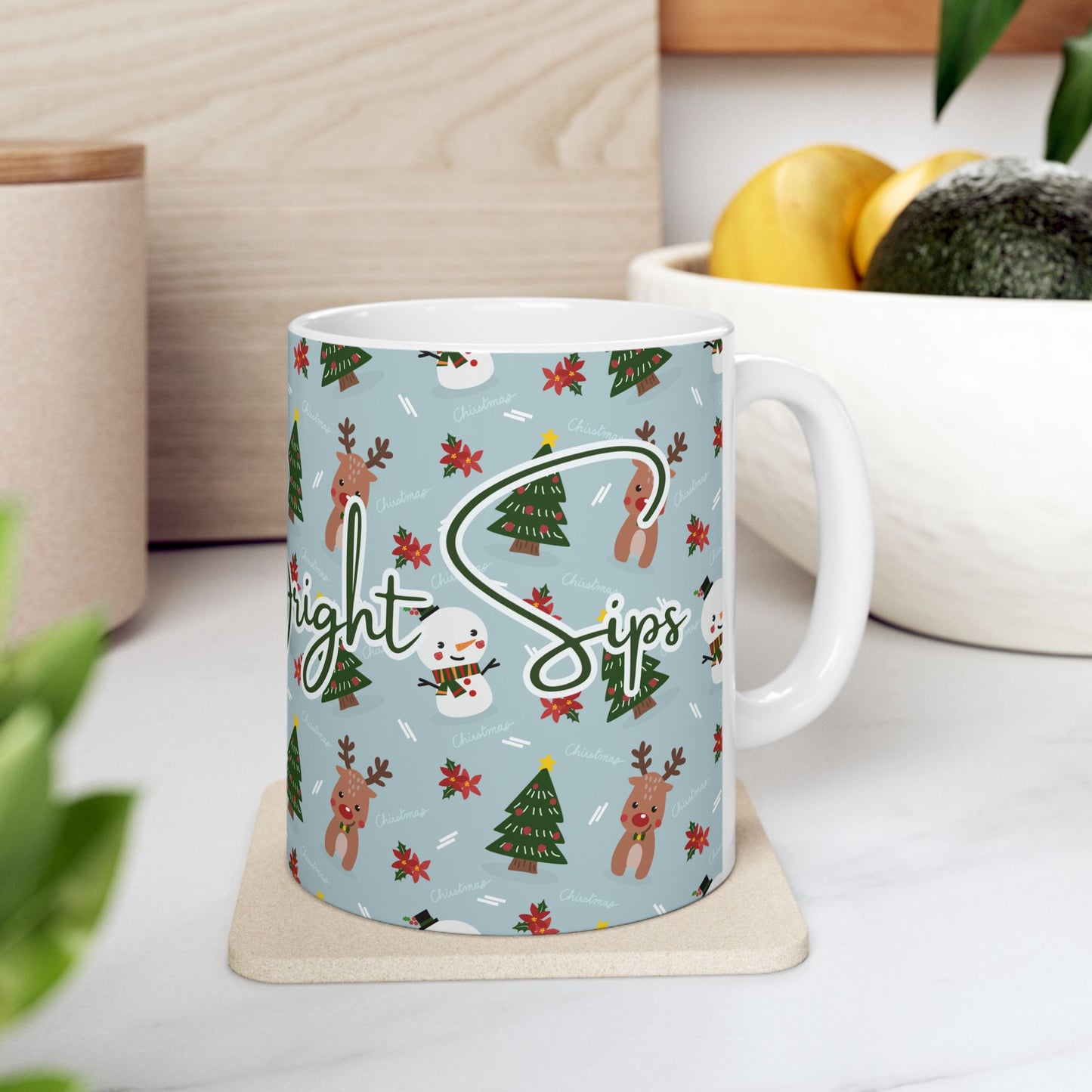 Merry & Bright Sips Christmas Mug – Festive Reindeer & Snowman Holiday Coffee Cup