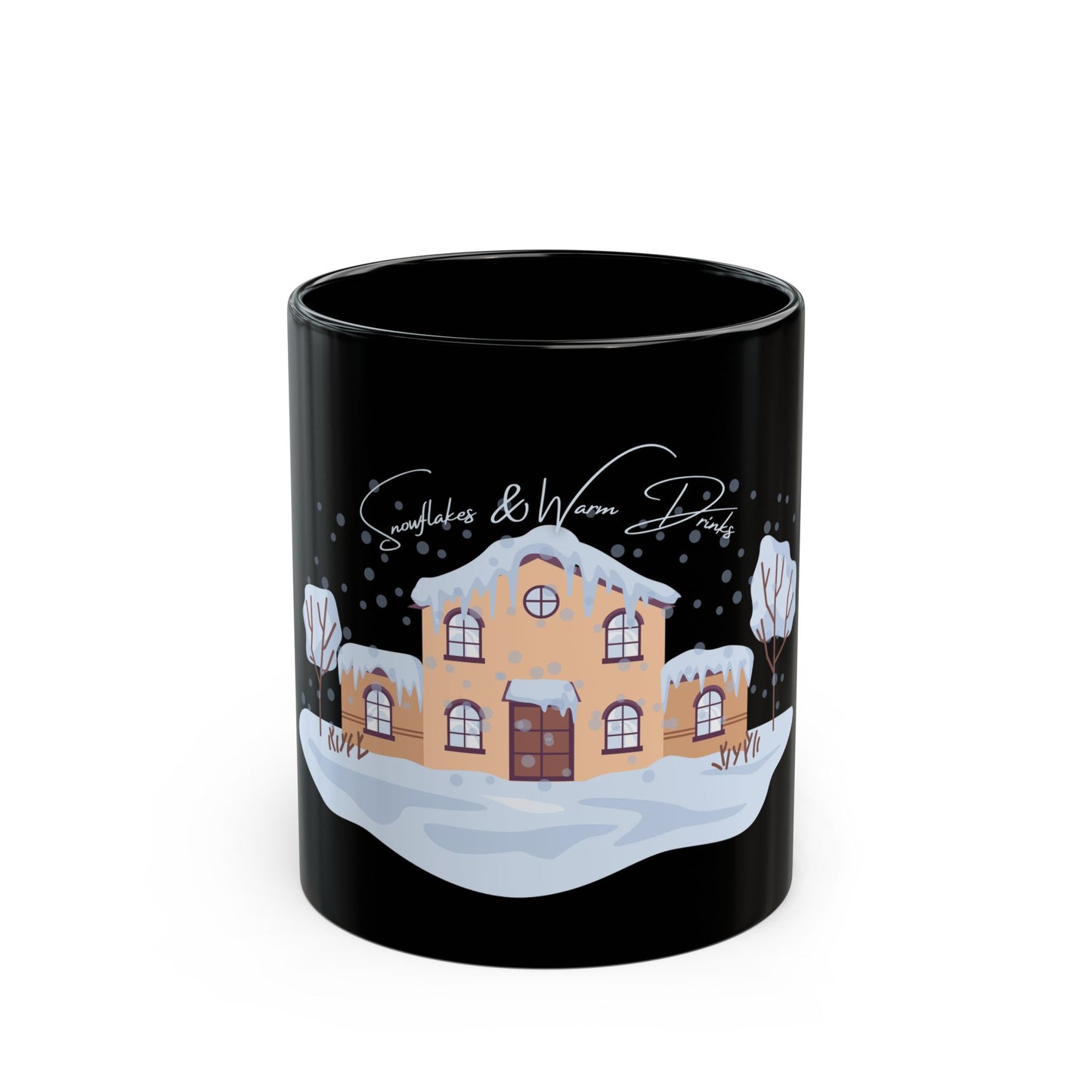 Snowflakes & Warm Drinks Mug – Cozy Winter Night Scene Black Coffee Cup, Snow House Ceramic Mug, Seasonal Hot Drinkware