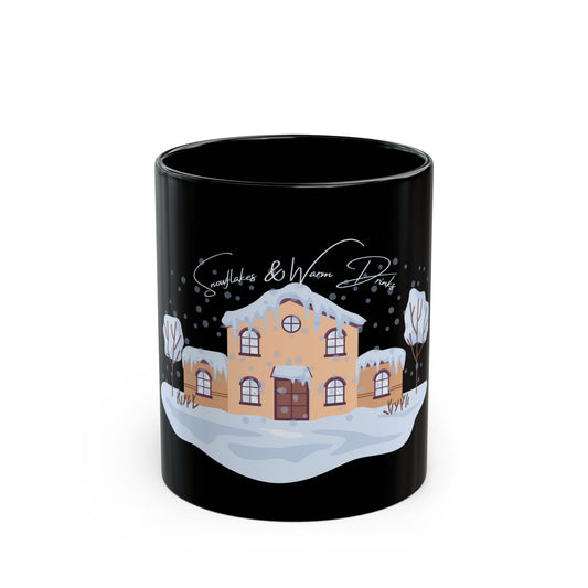 Snowflakes & Warm Drinks Mug – Cozy Winter Night Scene Black Coffee Cup, Snow House Ceramic Mug, Seasonal Hot Drinkware