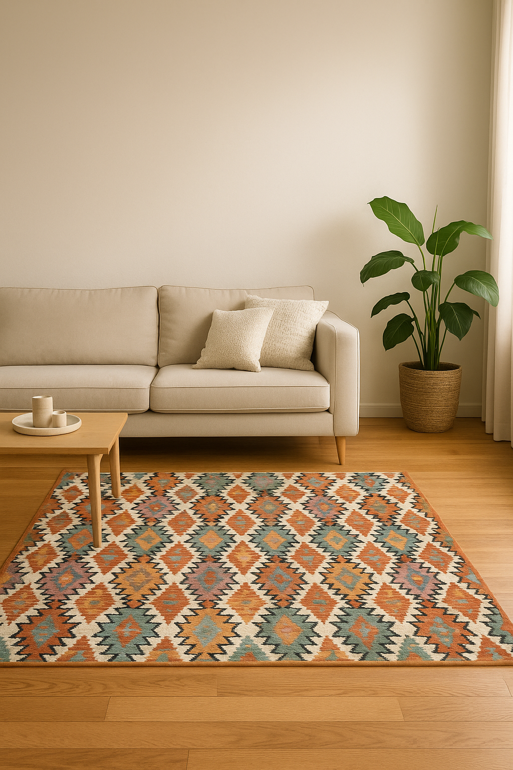 Warm Earth-Toned Kilim Area Rug | Cozy Living Room Decor | Cottage Style Home | Pastel Boho Floor Carpet