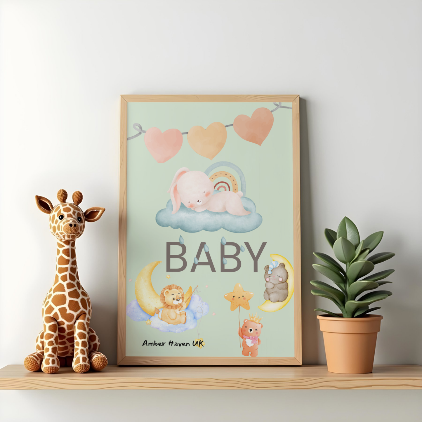 Baby Nursery Wall Art – Soft Pastel Bunny & Moon Print | Cute Animal Nursery Decor | Gender Neutral Baby Room Art – Amber Haven UK