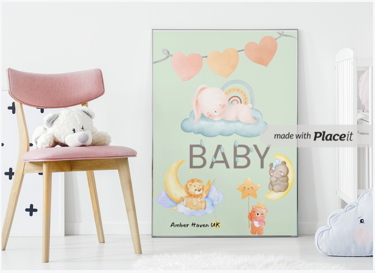 Baby Nursery Wall Art – Soft Pastel Bunny & Moon Print | Cute Animal Nursery Decor | Gender Neutral Baby Room Art – Amber Haven UK