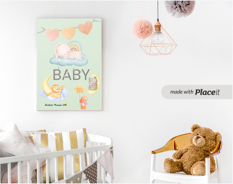 Baby Nursery Wall Art – Soft Pastel Bunny & Moon Print | Cute Animal Nursery Decor | Gender Neutral Baby Room Art – Amber Haven UK
