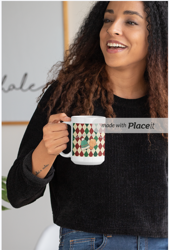 Cozy Bakery Mug – Cute Cupcake & Cookie Argyle Coffee Cup, Winter Dessert Mug, Cute Aesthetic Ceramic Mug for Sweet Lovers