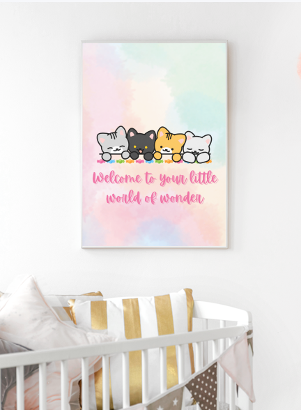 Nursery Canvas Wall Art — "Welcome to Your Little World of Wonder" Cute Kittens