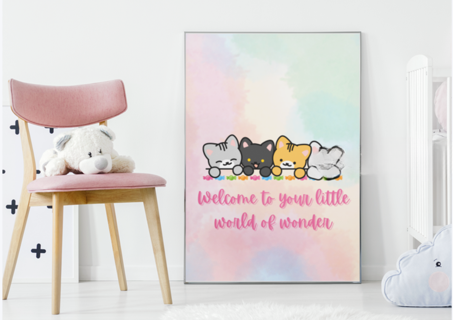 Nursery Canvas Wall Art — "Welcome to Your Little World of Wonder" Cute Kittens