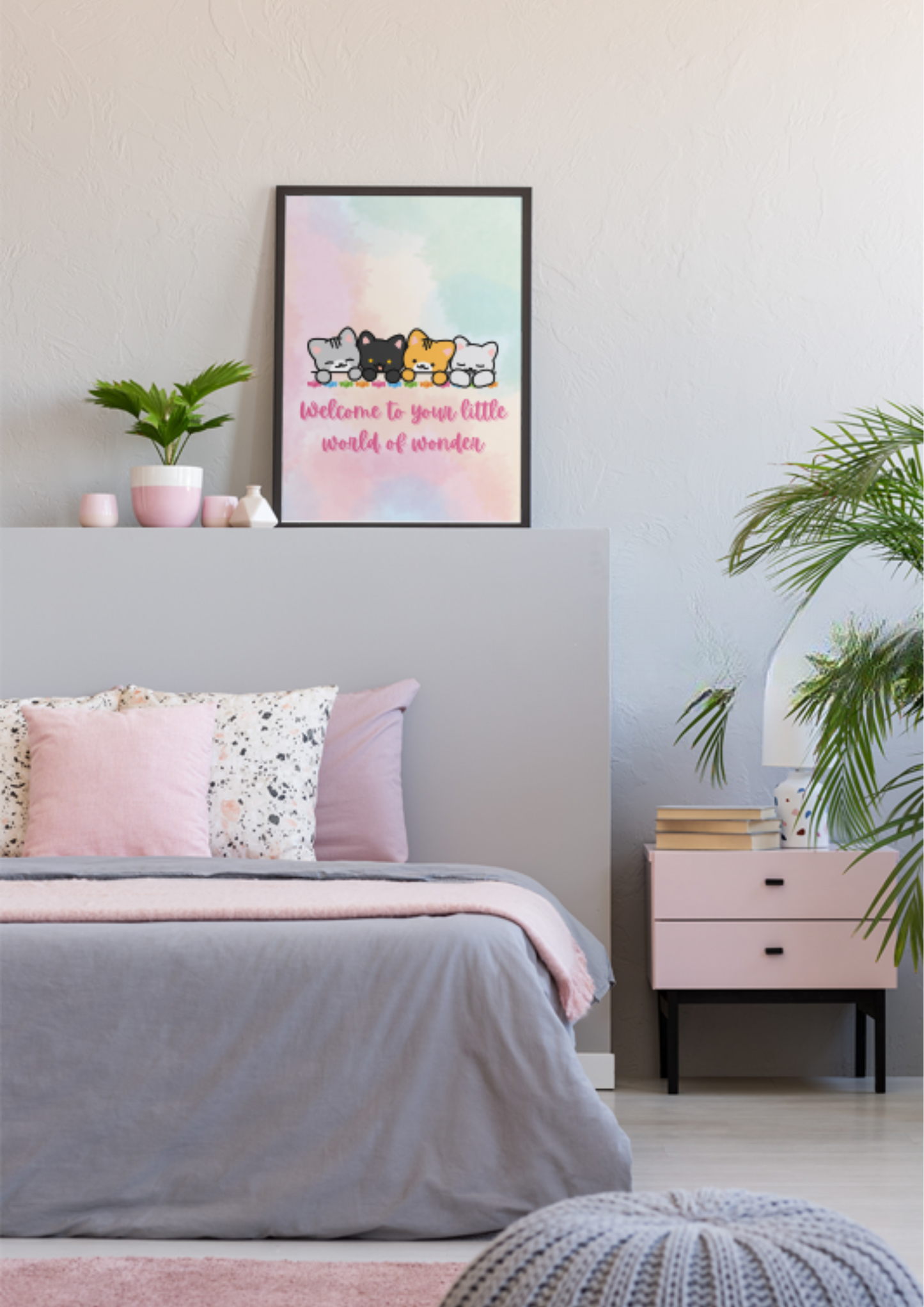 Nursery Canvas Wall Art — "Welcome to Your Little World of Wonder" Cute Kittens