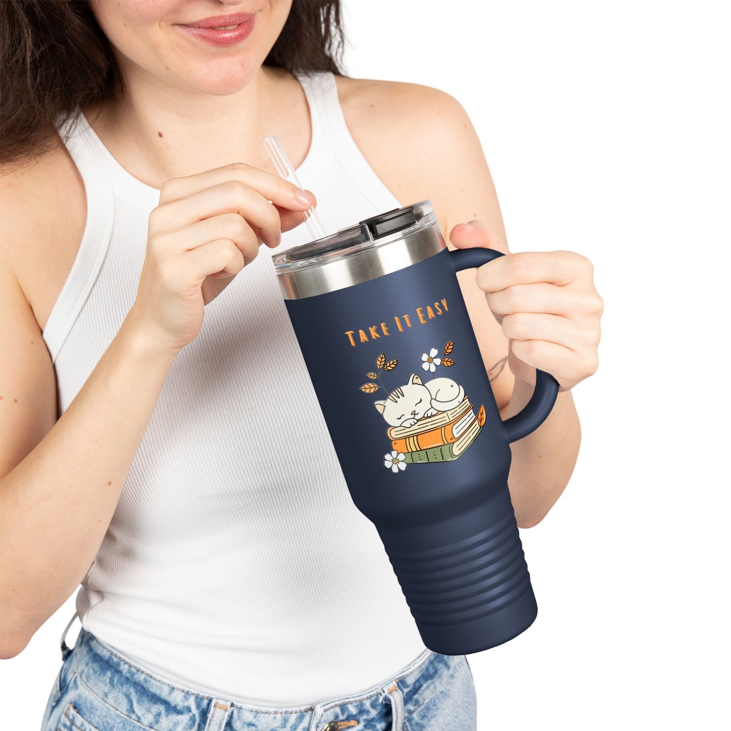 Take It Easy – Cozy Cat & Books Stainless Steel Tumbler (6 Colours)