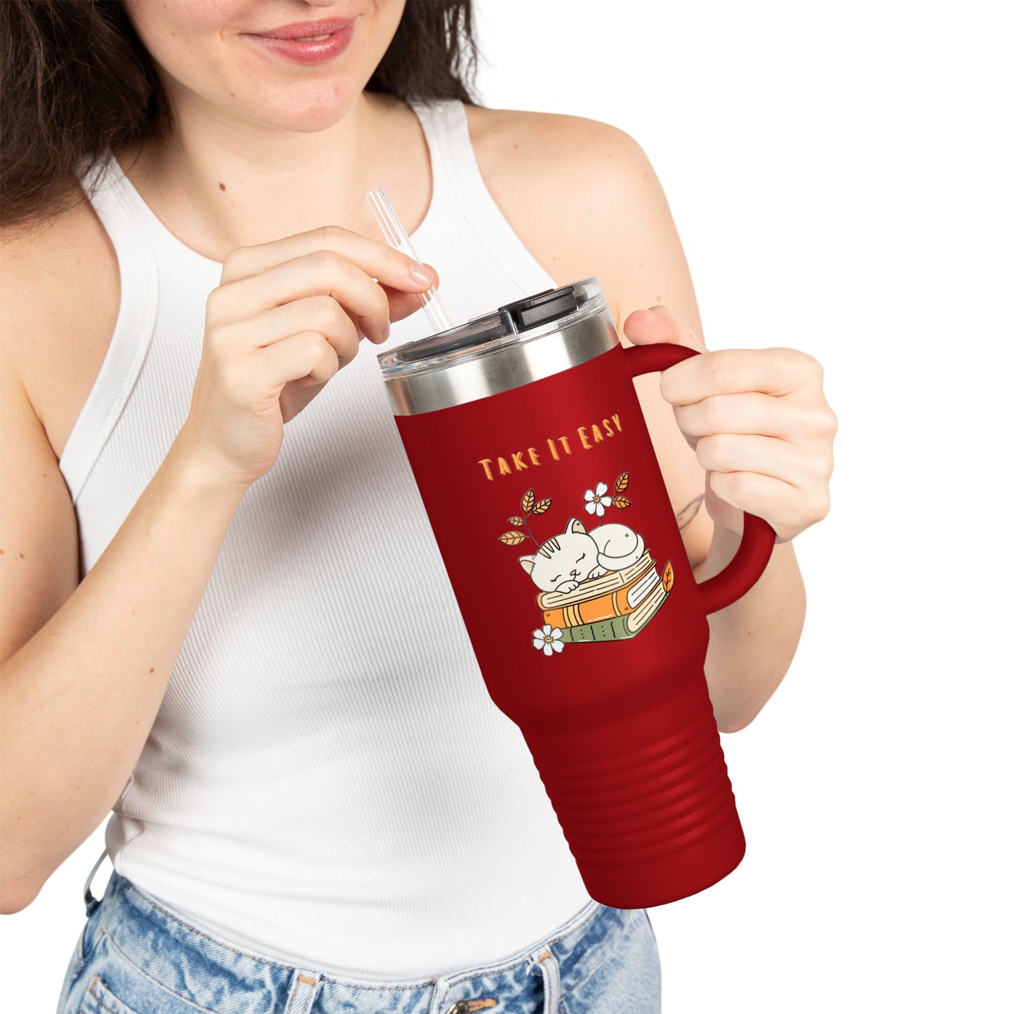 Take It Easy – Cozy Cat & Books Stainless Steel Tumbler (6 Colours)