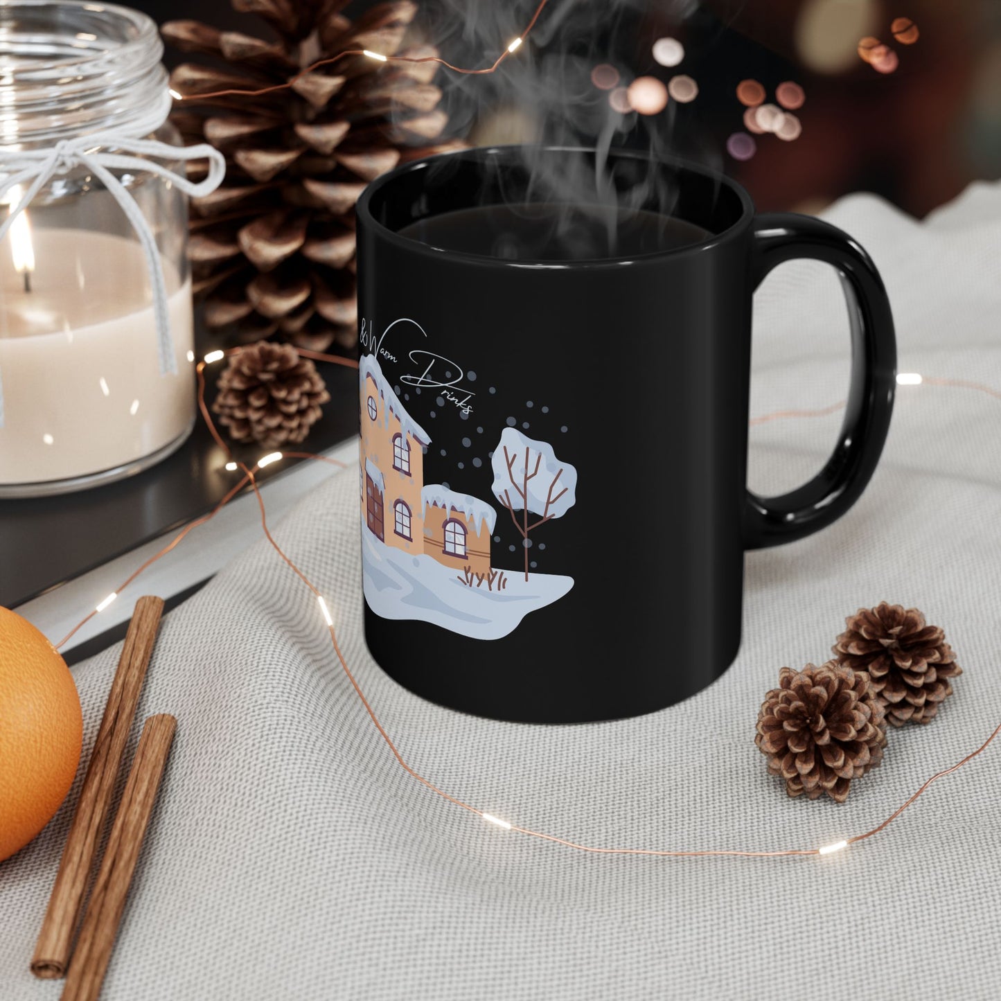 Snowflakes & Warm Drinks Mug – Cozy Winter Night Scene Black Coffee Cup, Snow House Ceramic Mug, Seasonal Hot Drinkware