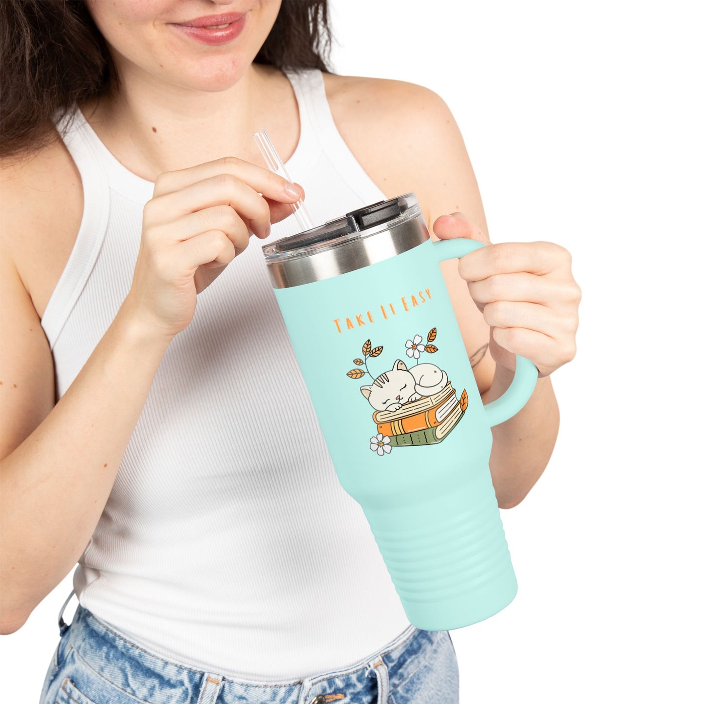 Take It Easy – Cozy Cat & Books Stainless Steel Tumbler (6 Colours)