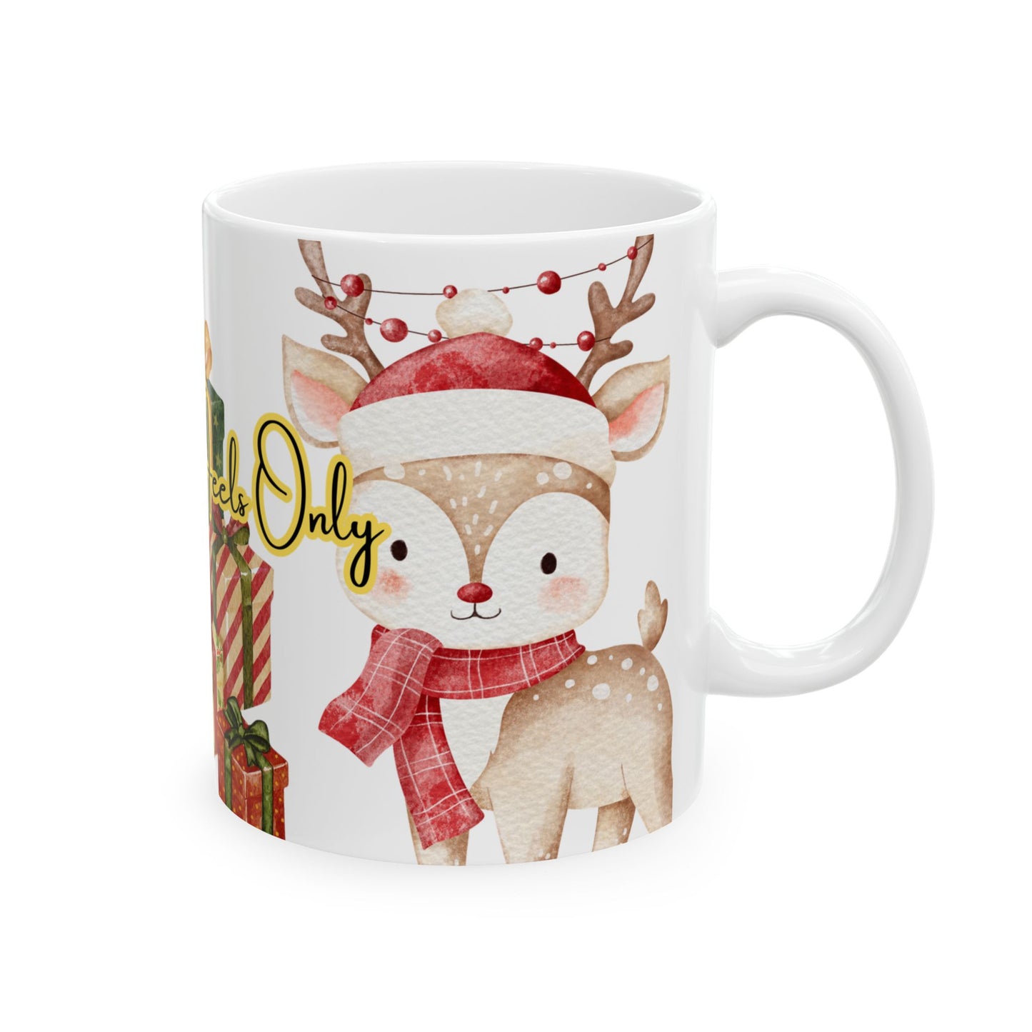 Cute Reindeer Christmas Mug – Festive Holiday Coffee Cup with Gifts & Cozy Winter Design