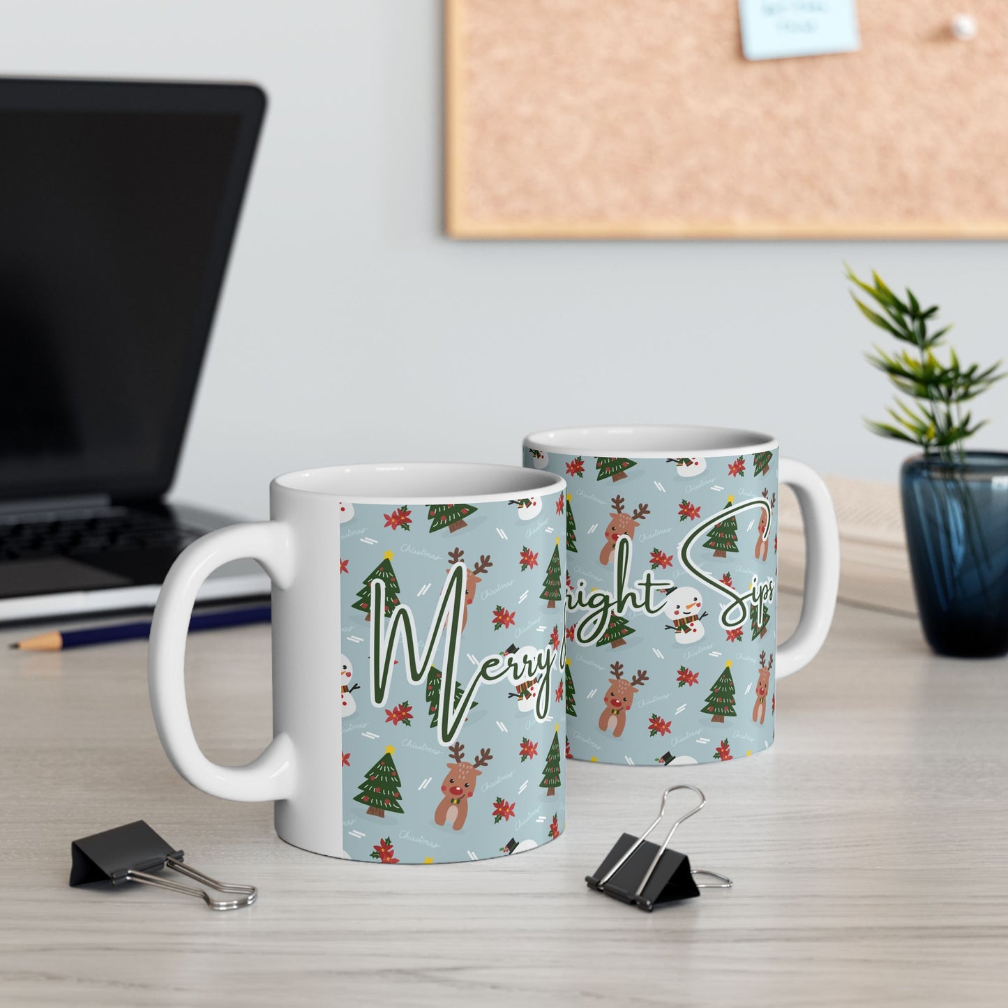 Merry & Bright Sips Christmas Mug – Festive Reindeer & Snowman Holiday Coffee Cup