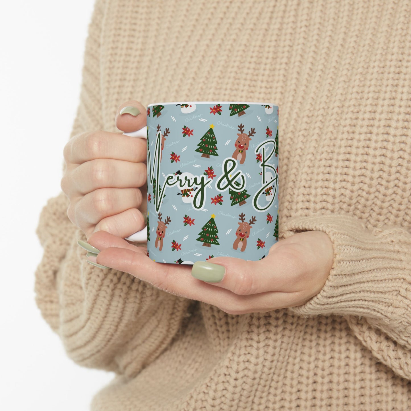 Merry & Bright Sips Christmas Mug – Festive Reindeer & Snowman Holiday Coffee Cup