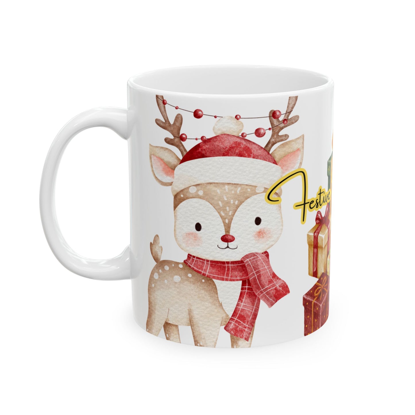 Cute Reindeer Christmas Mug – Festive Holiday Coffee Cup with Gifts & Cozy Winter Design