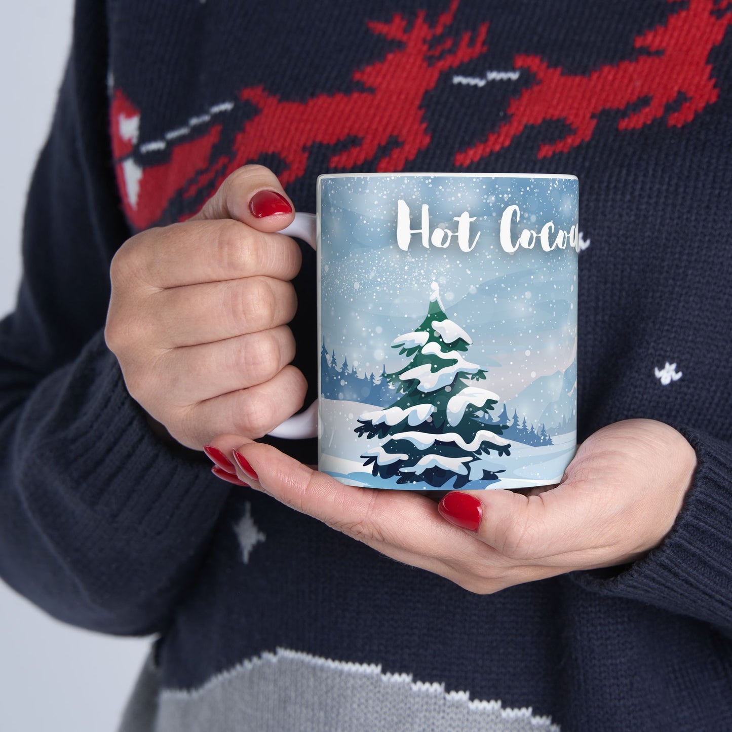 Hot Cocoa Weather Mug – Cozy Winter Cabin Coffee Cup, Snowy Landscape Ceramic Mug, Warm Seasonal Drinkware