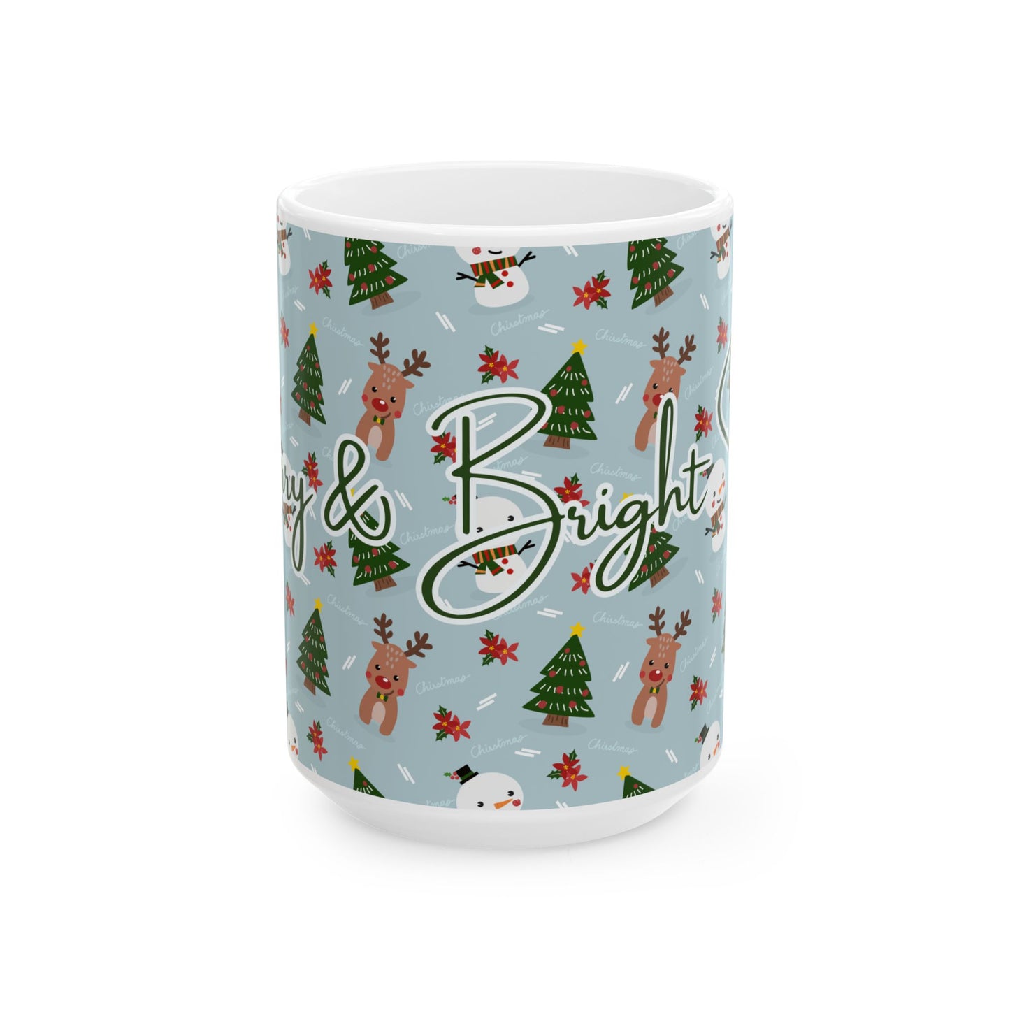 Merry & Bright Sips Christmas Mug – Festive Reindeer & Snowman Holiday Coffee Cup
