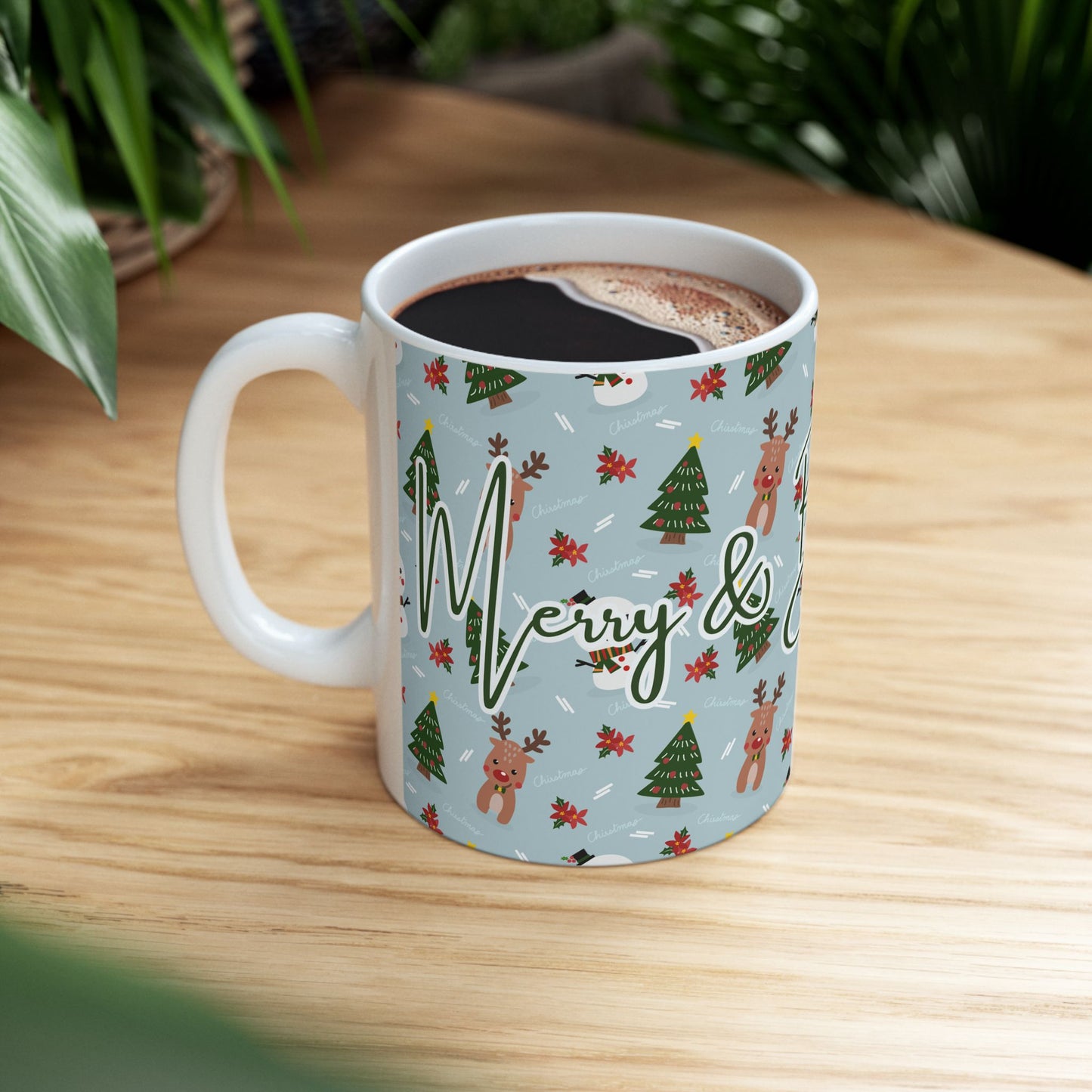Merry & Bright Sips Christmas Mug – Festive Reindeer & Snowman Holiday Coffee Cup
